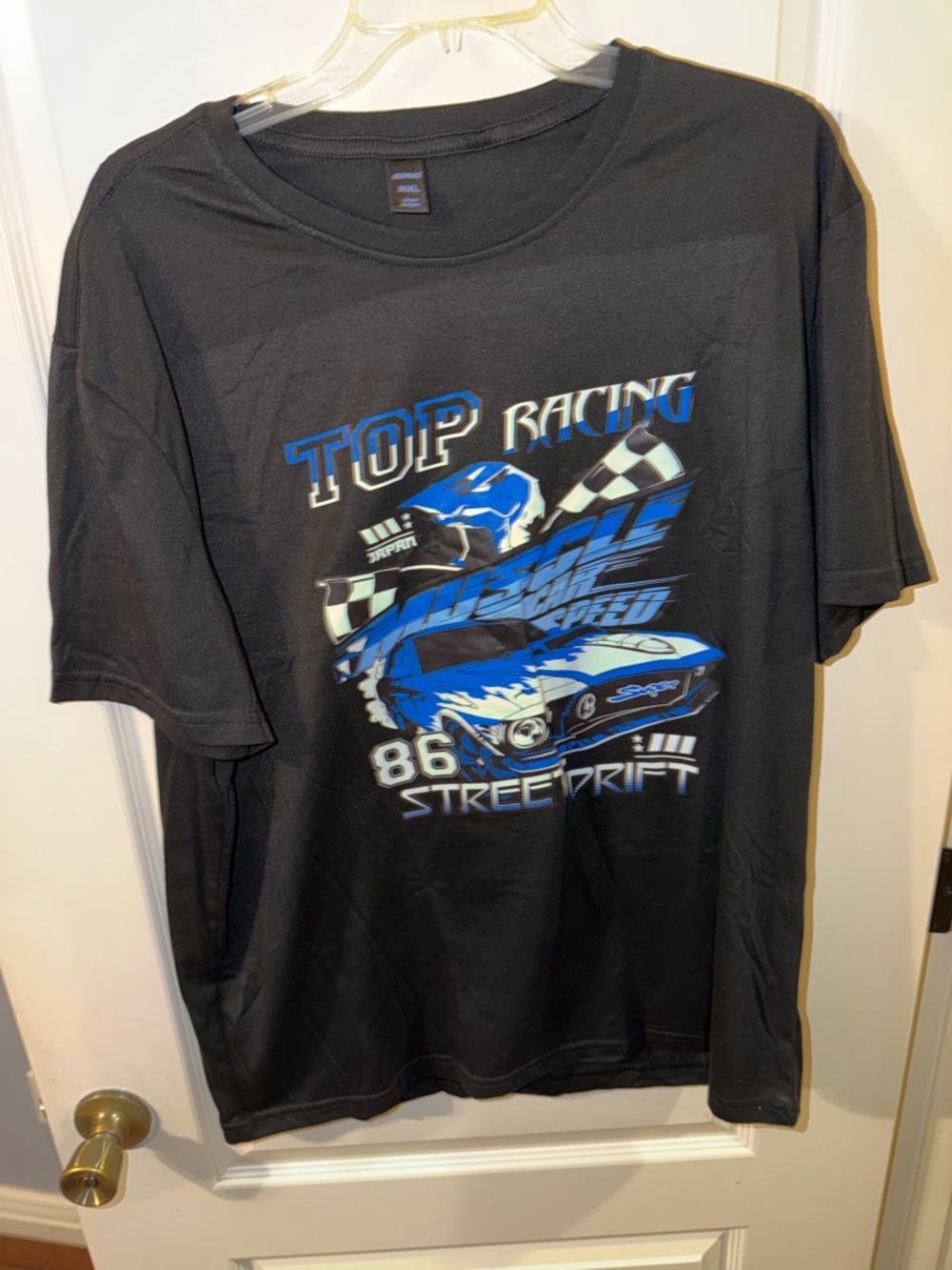ROMWE Black Tee with Blue Accent Racing Print